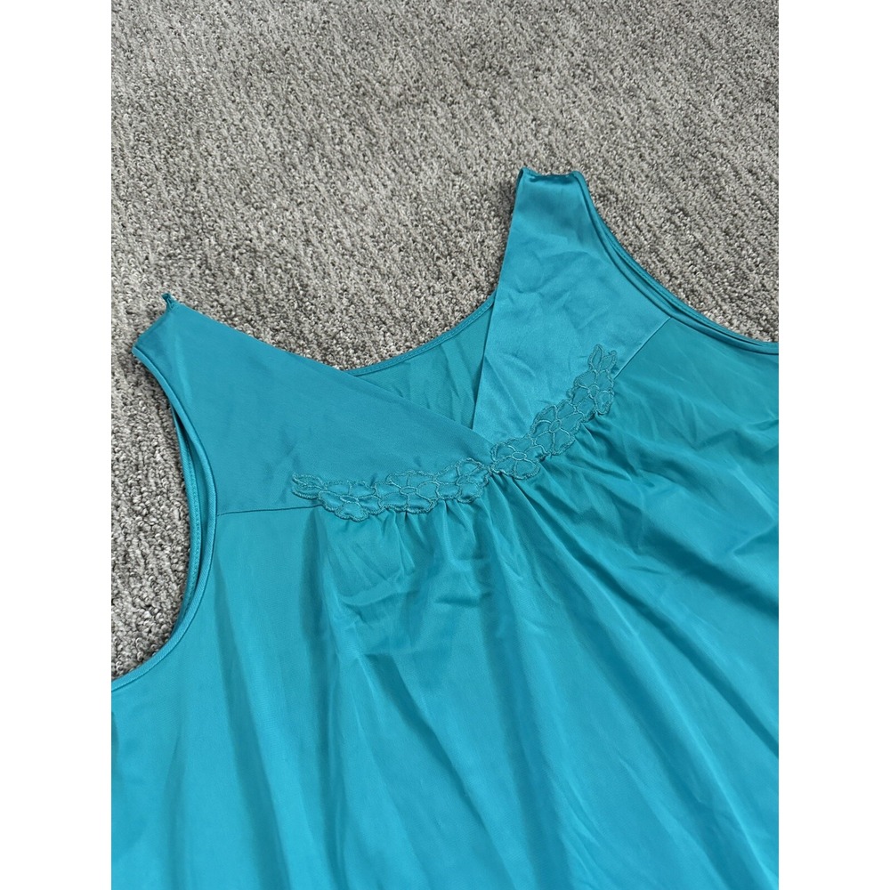 Vanity Fair Vintage Tank‎ Top Nightgown Teal Green Mid Length Lace Satin USA Med